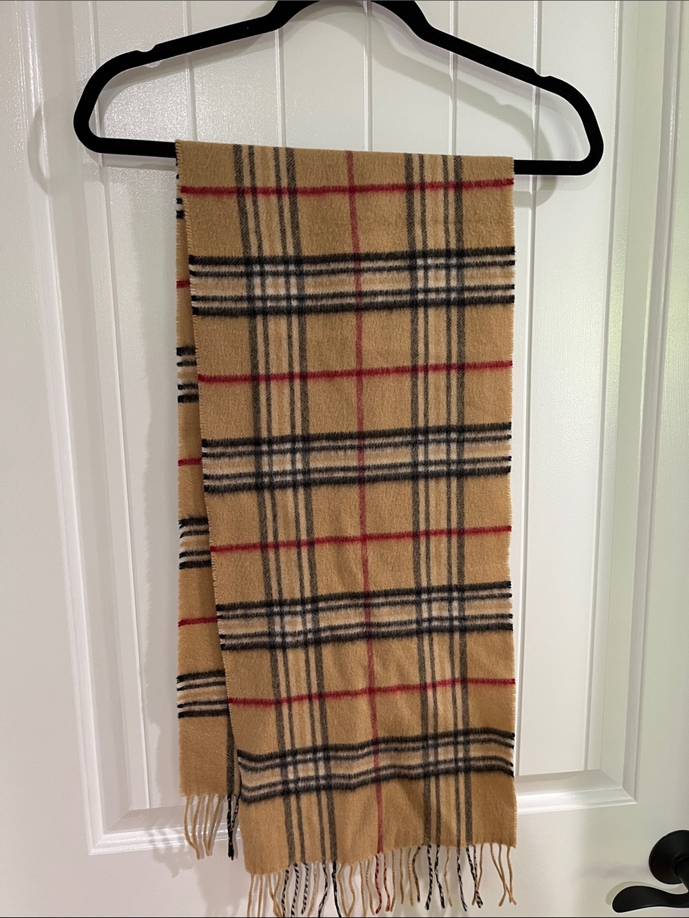 Camel Plaid Fringe Scarf in Tan and Black